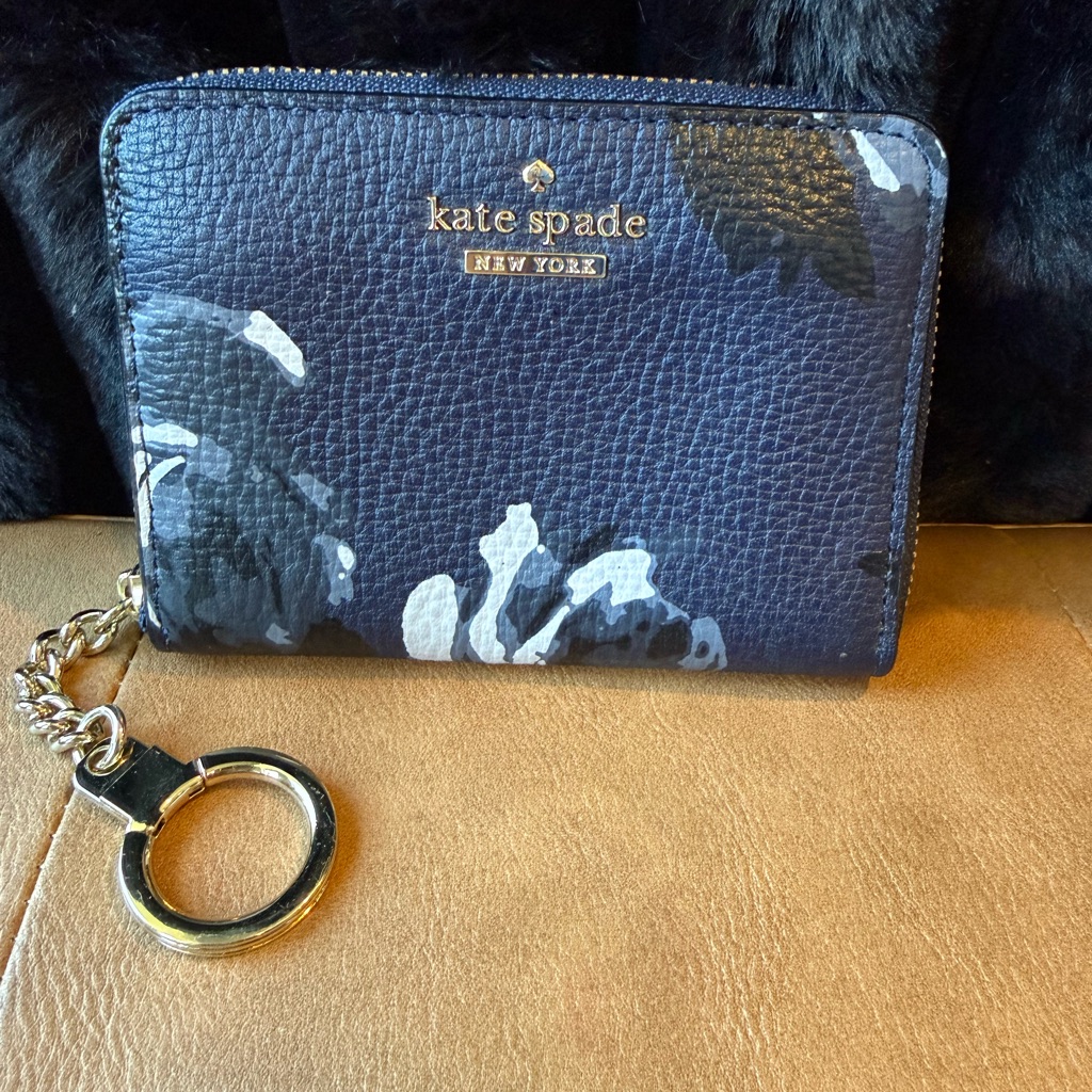 Kate Spade Navy Floral Zip Key & Card Holder With Gold Hardware